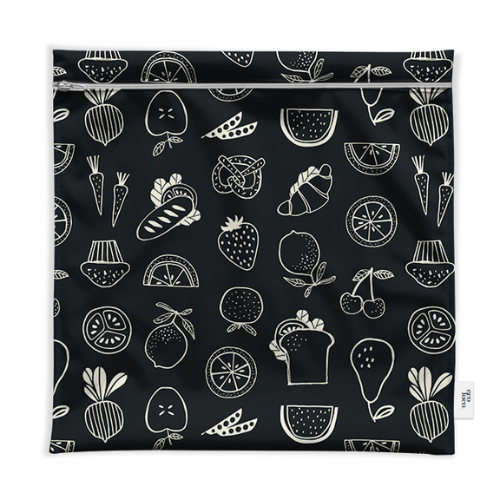 Sacs extra-larges lavables style ziplock avec des motifs de fruits et de légumes sur un fond noir.  Sac réutilisable pour la congélation. 